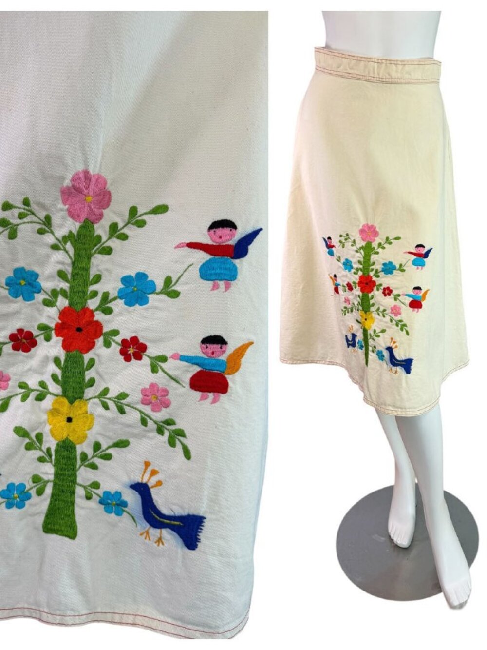Vintage 1970s Mexican Tree of Life Embroidered Skirt by Bordados Mary Vi Size XS